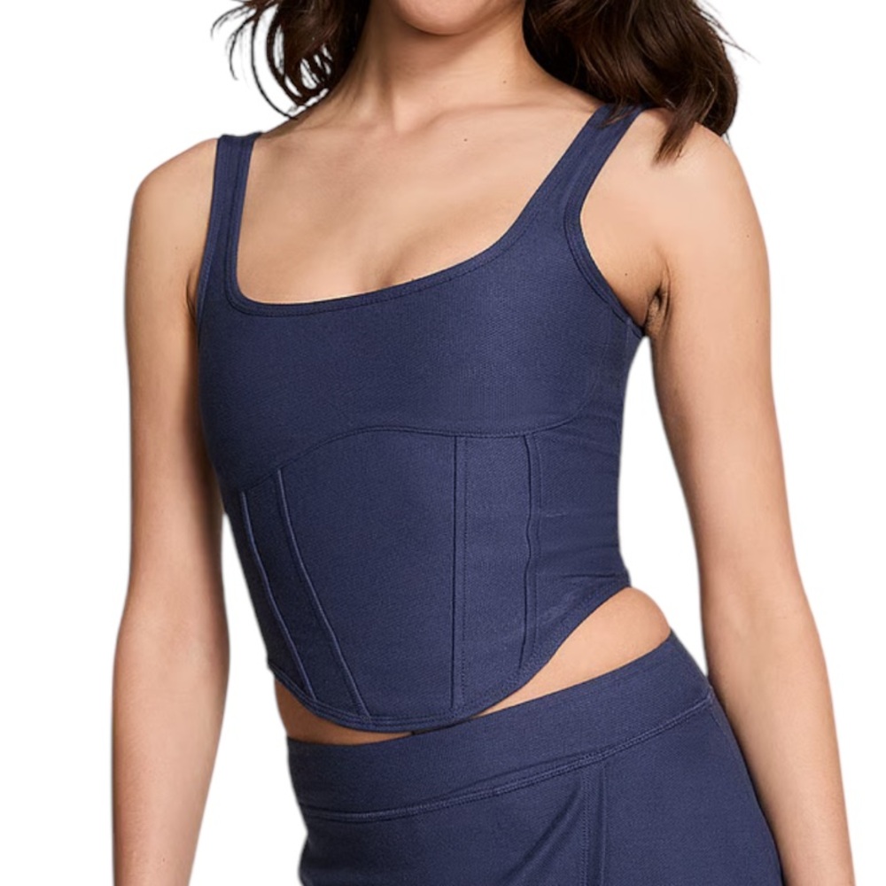 PINK Victoria’s Secret Navy Cinched Piqué Corset Crop Top Small Athleisure